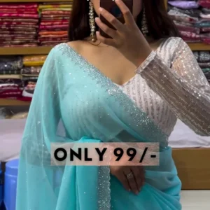Aquamarine Glitz: Sequined Blouse & Georgette Saree Set